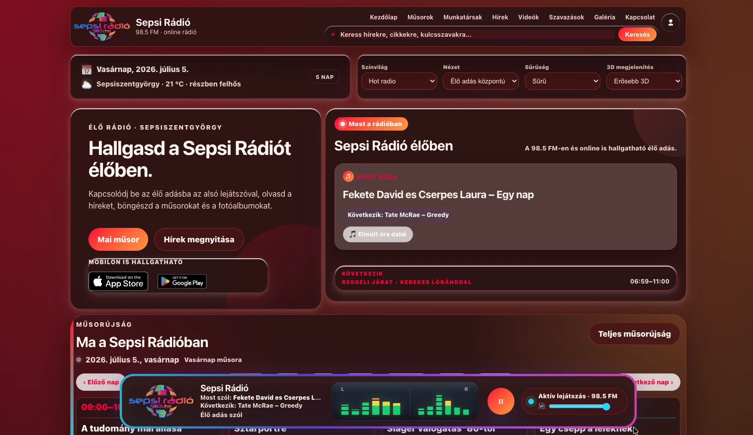 Sepsi Rádió website and mobile app system
